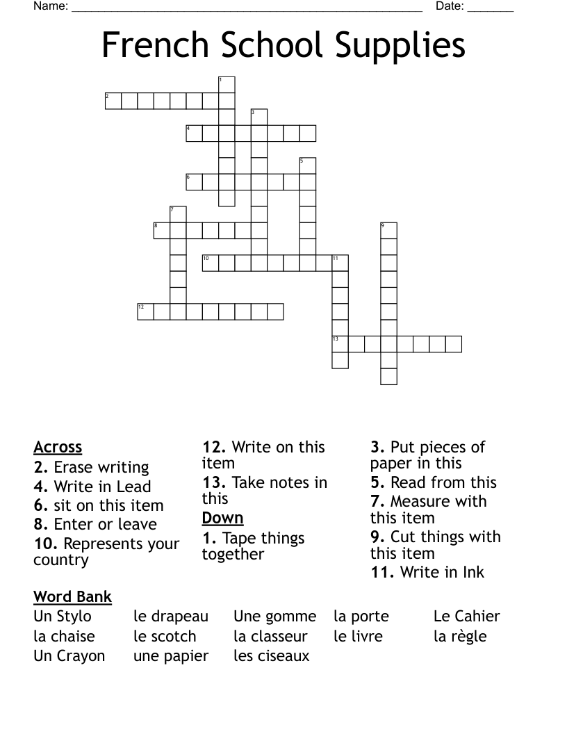 French School Supplies Crossword
