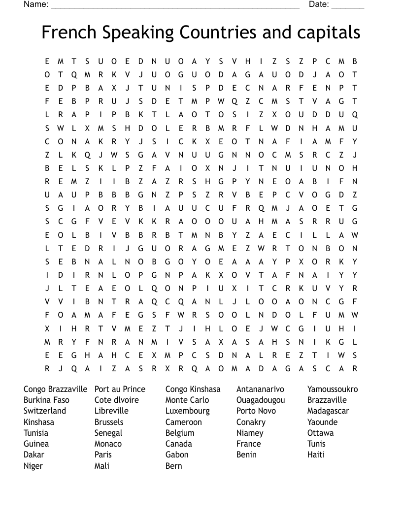 French Speaking Countries and capitals Word Search