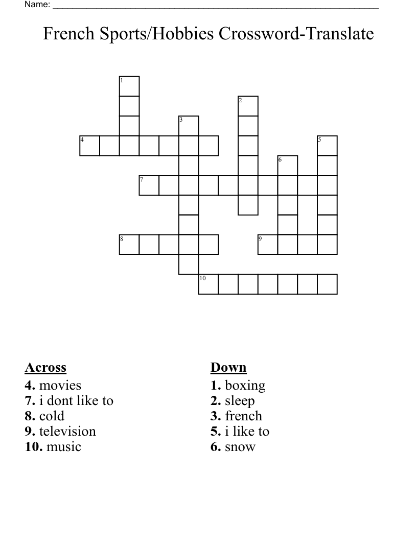 French Sports/Hobbies Crossword-Translate