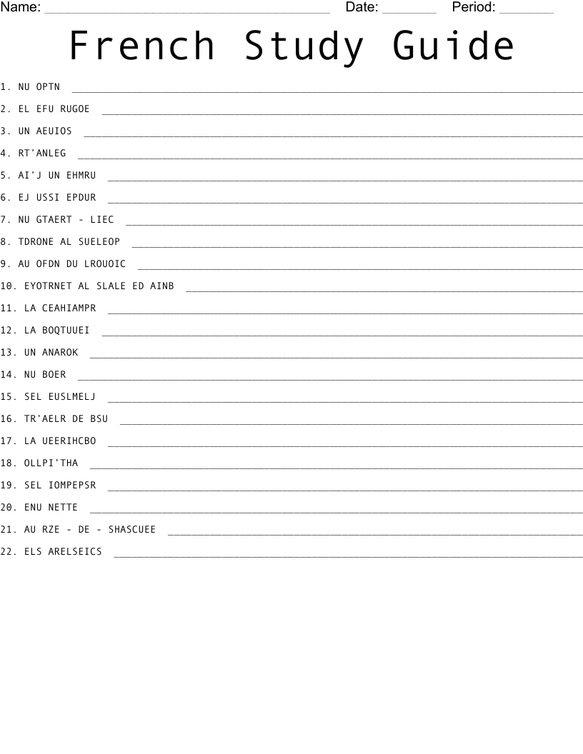 French Study Guide Word Scramble