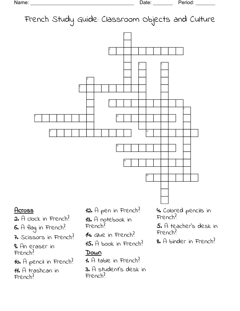 French Study Guide: Classroom Objects and Culture Crossword