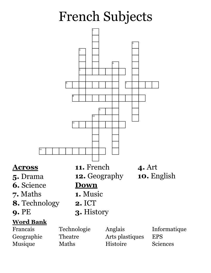 French Subjects Crossword