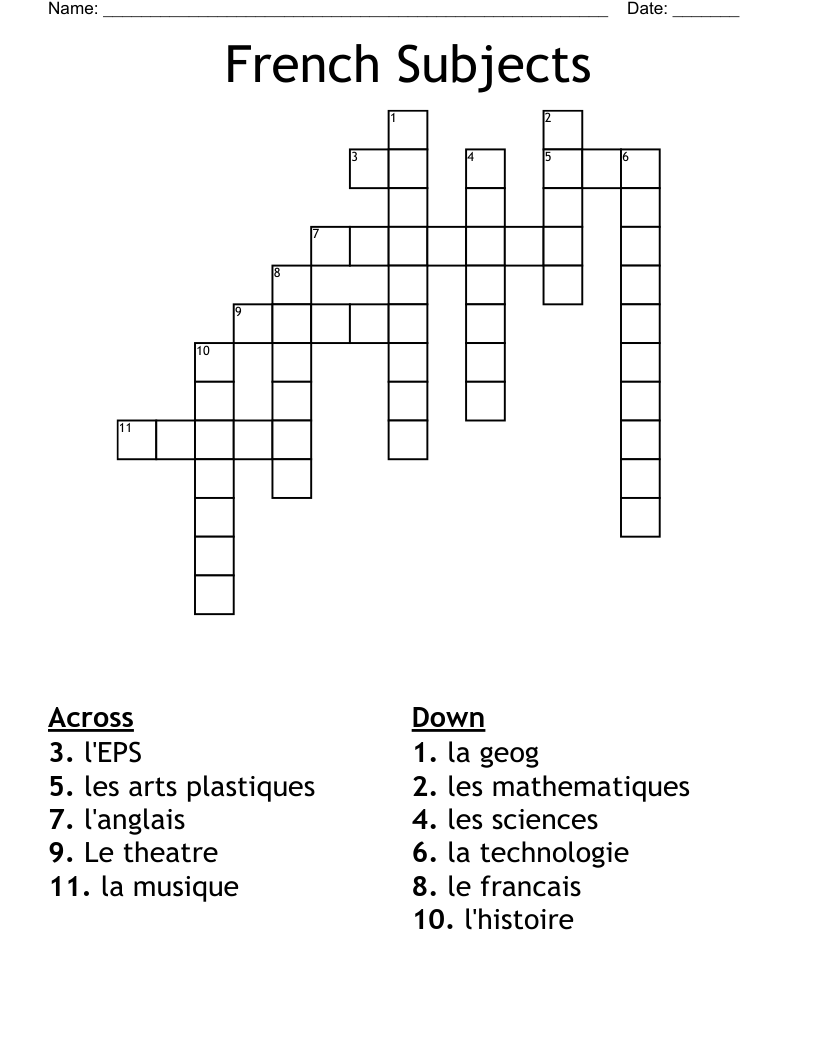 French Subjects Crossword