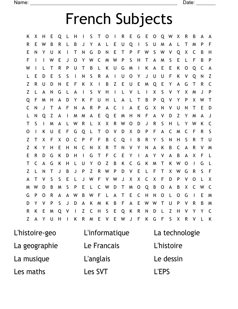 French Subjects Word Search