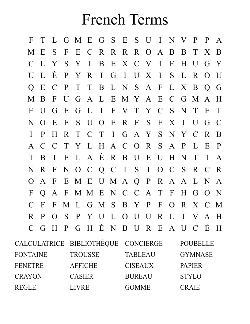 French Terms Word Search