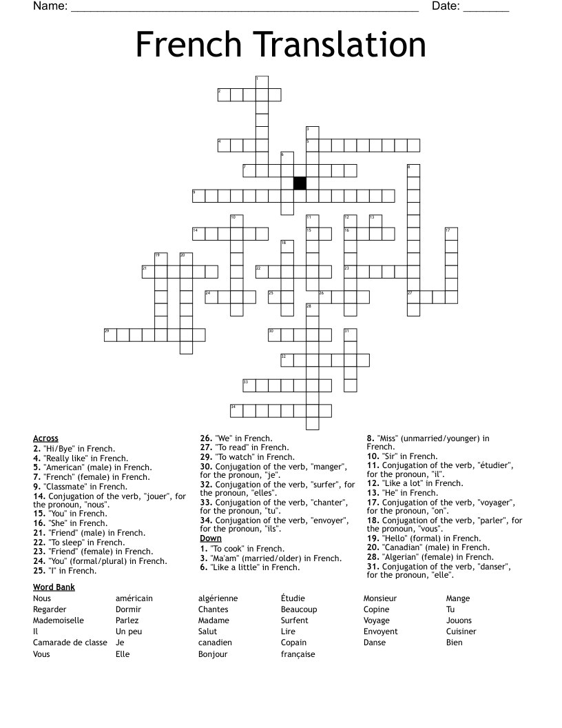 French Translation Crossword