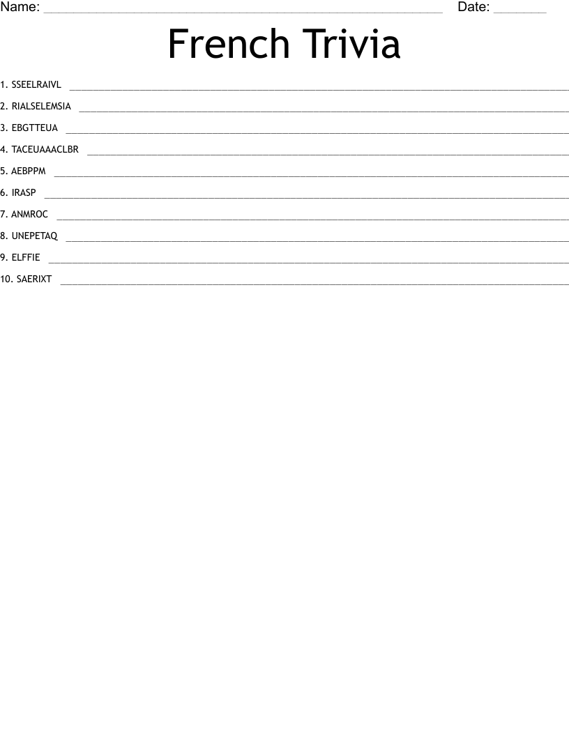 French Trivia Word Scramble