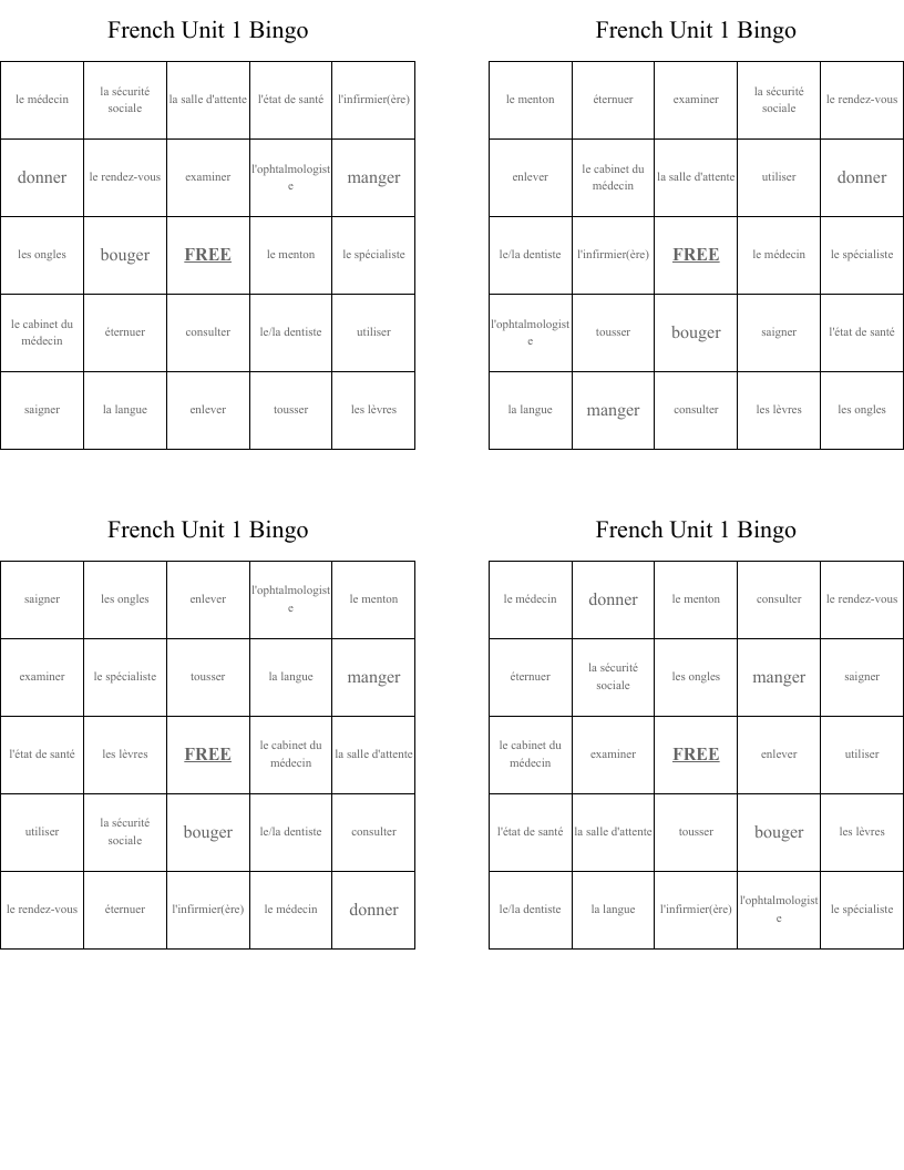 French Unit 1 Bingo