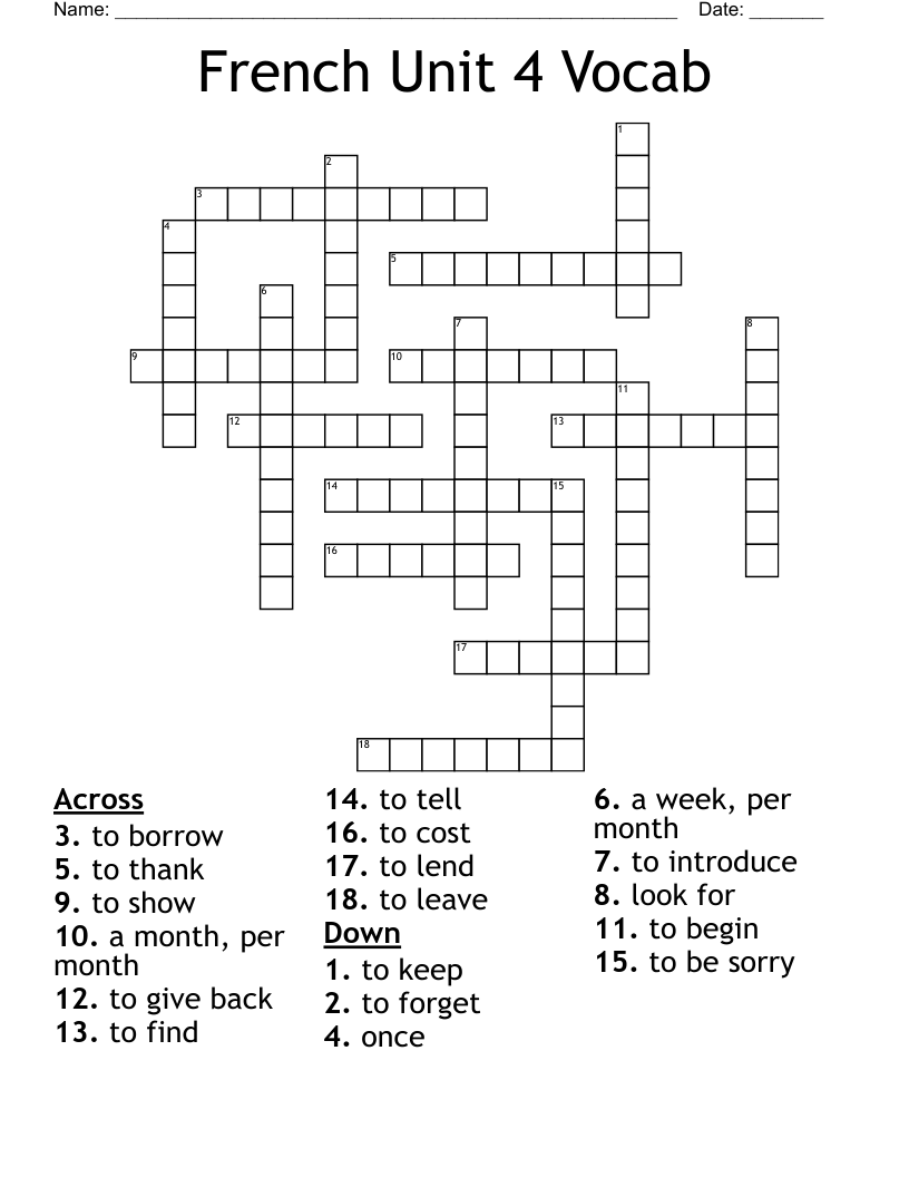 French Unit 4 Vocab  Crossword