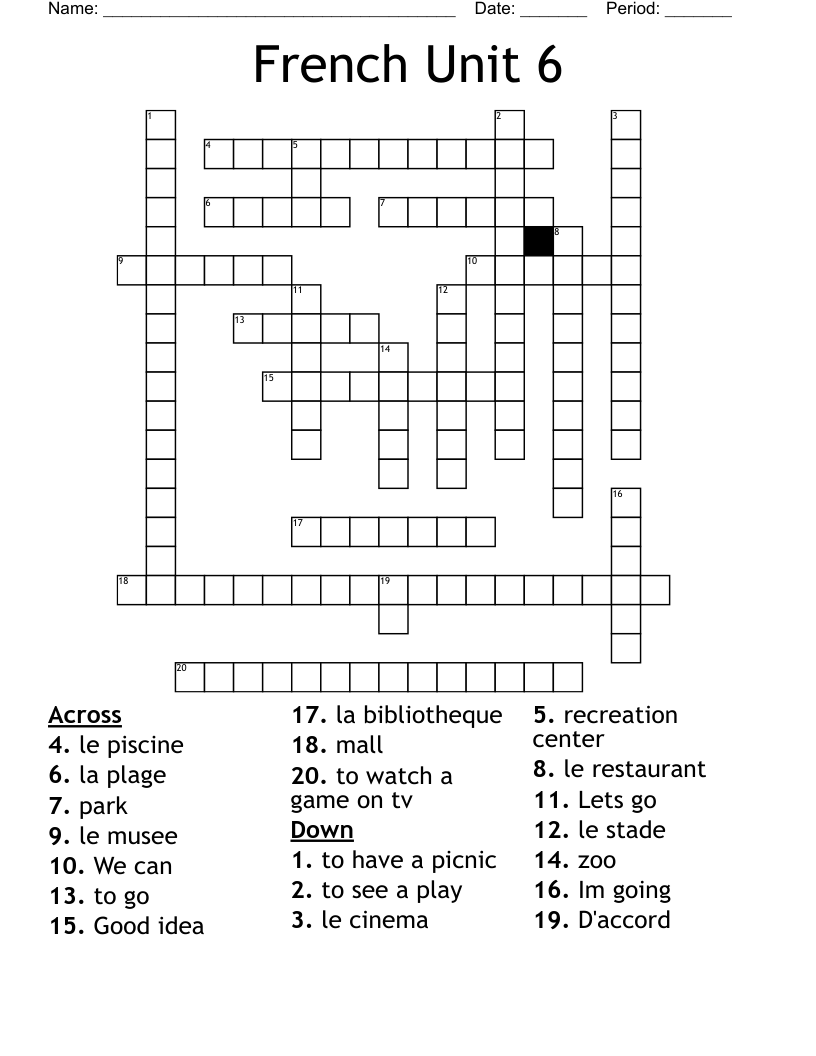 French Unit 6 Crossword