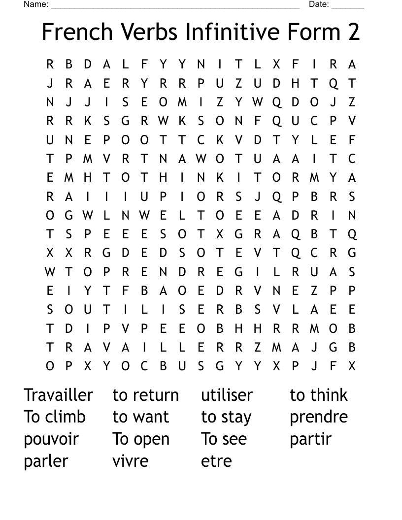 French Verbs Infinitive Form 2 Word Search