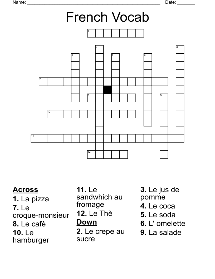 French Vocab Crossword