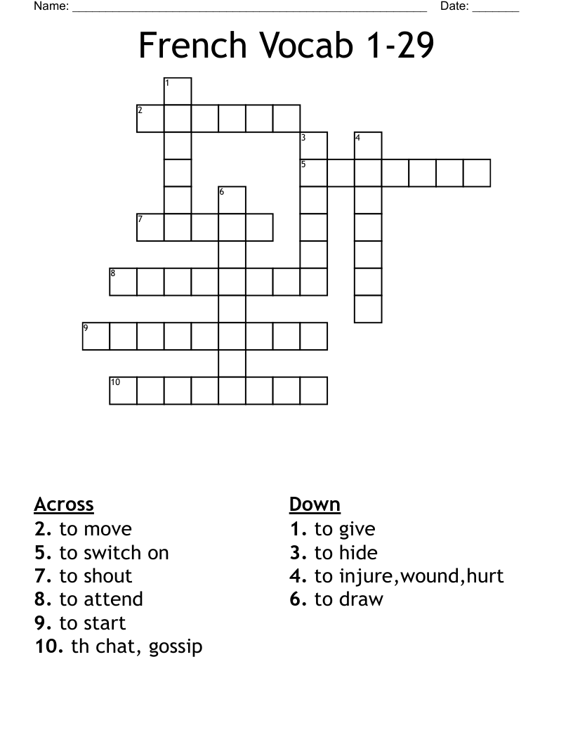 French Vocab 1-29 Crossword