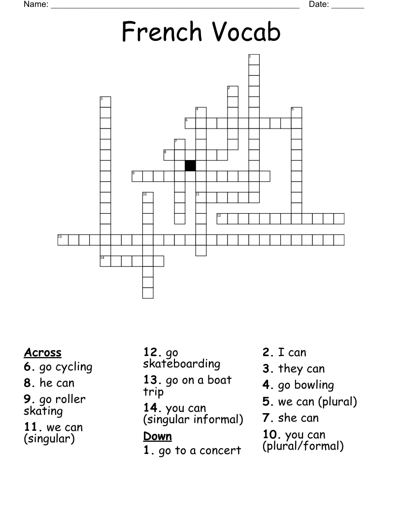 French Vocab Crossword