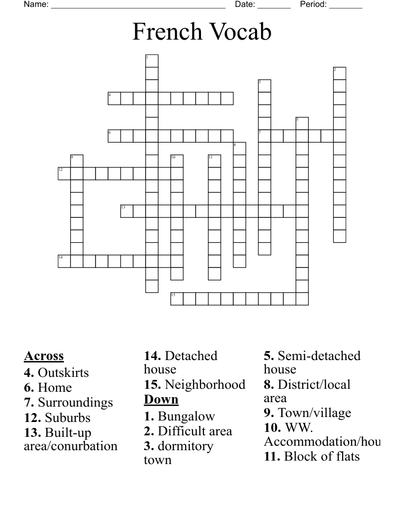 French Vocab Crossword