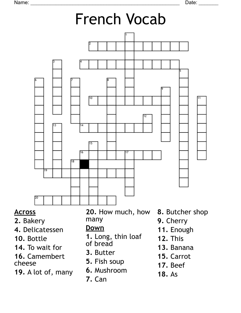 French Vocab Crossword