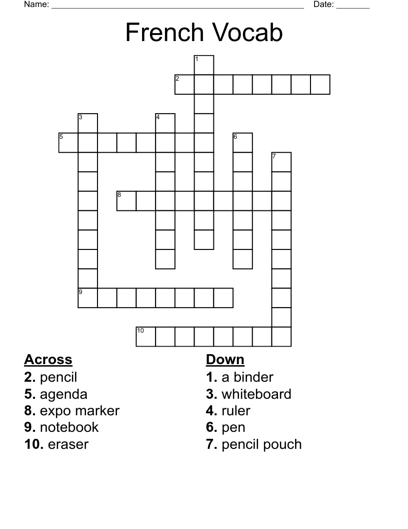 French Vocab Crossword