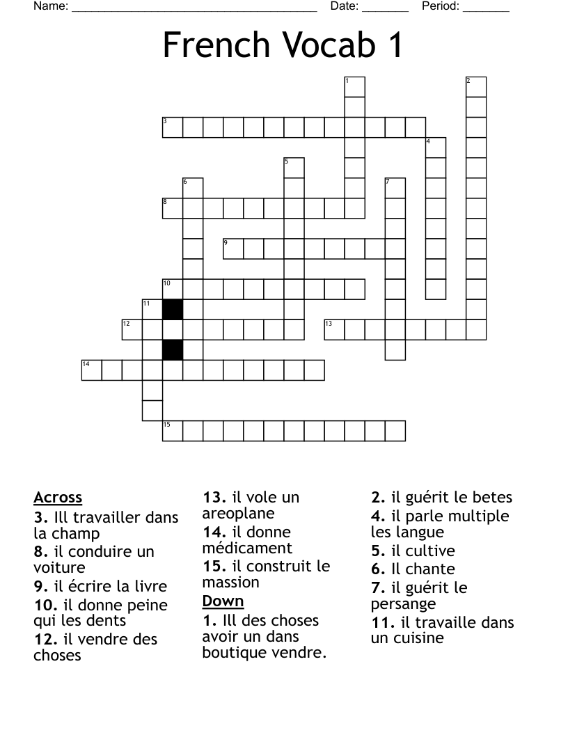 French Vocab 1 Crossword
