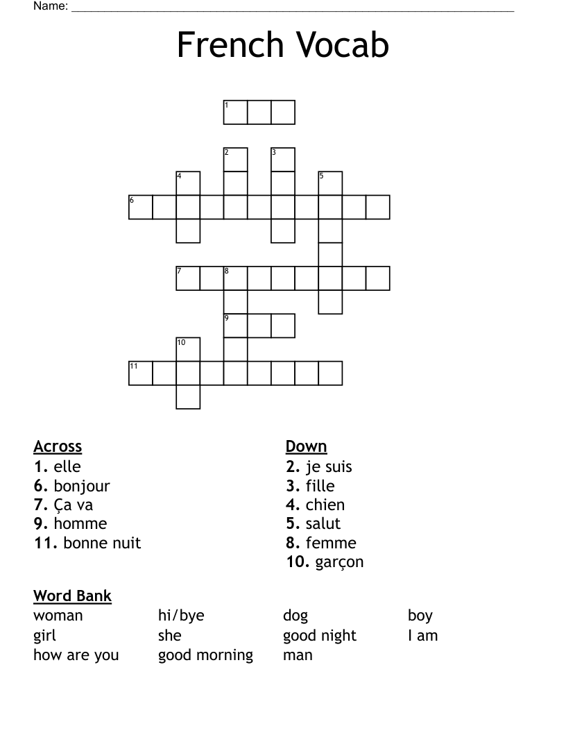 French Vocab Crossword