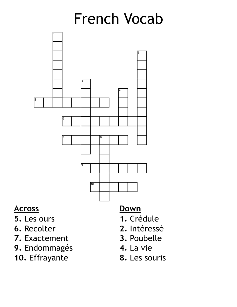 French Vocab Crossword
