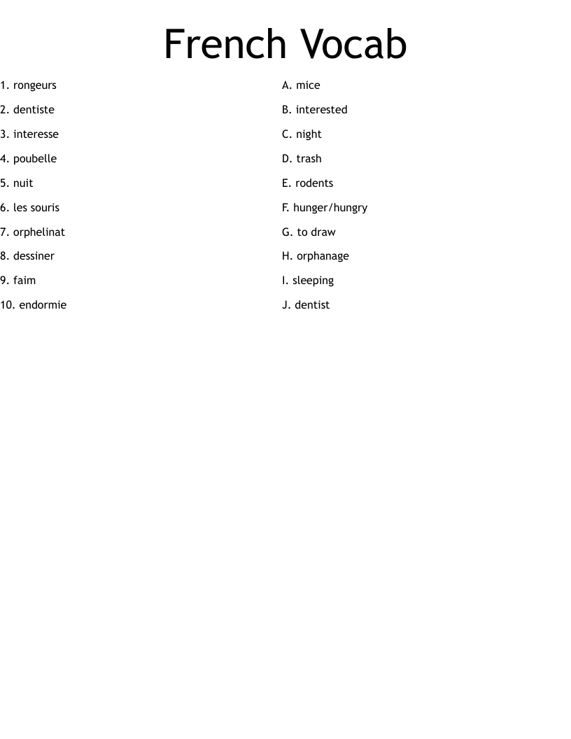 French Vocab Worksheet