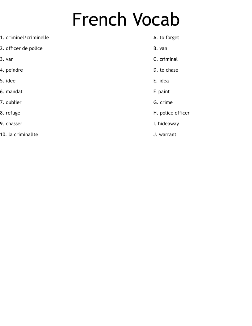 French Vocab Worksheet
