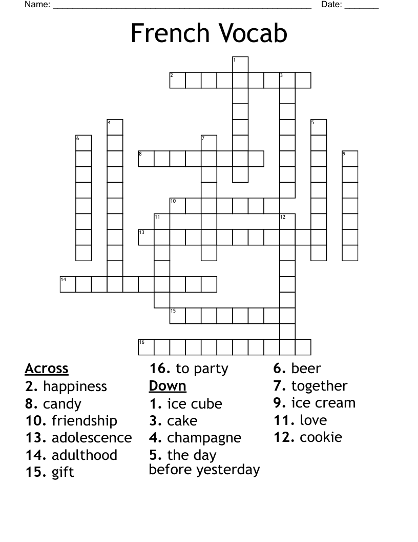 French Vocab Crossword