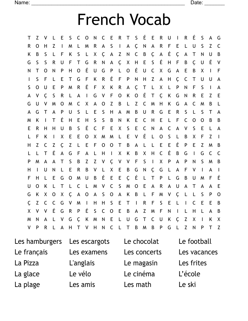 French Vocab Word Search