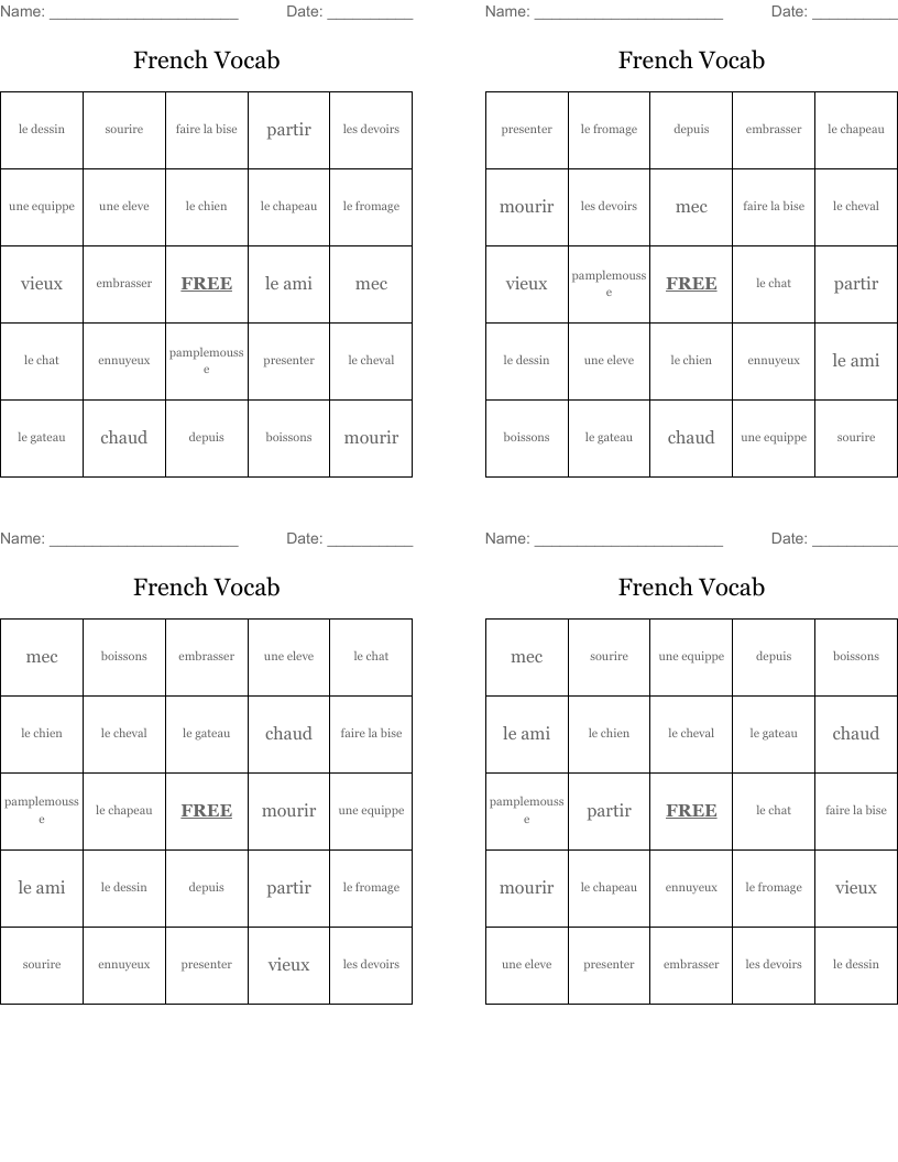French Vocab Bingo Cards