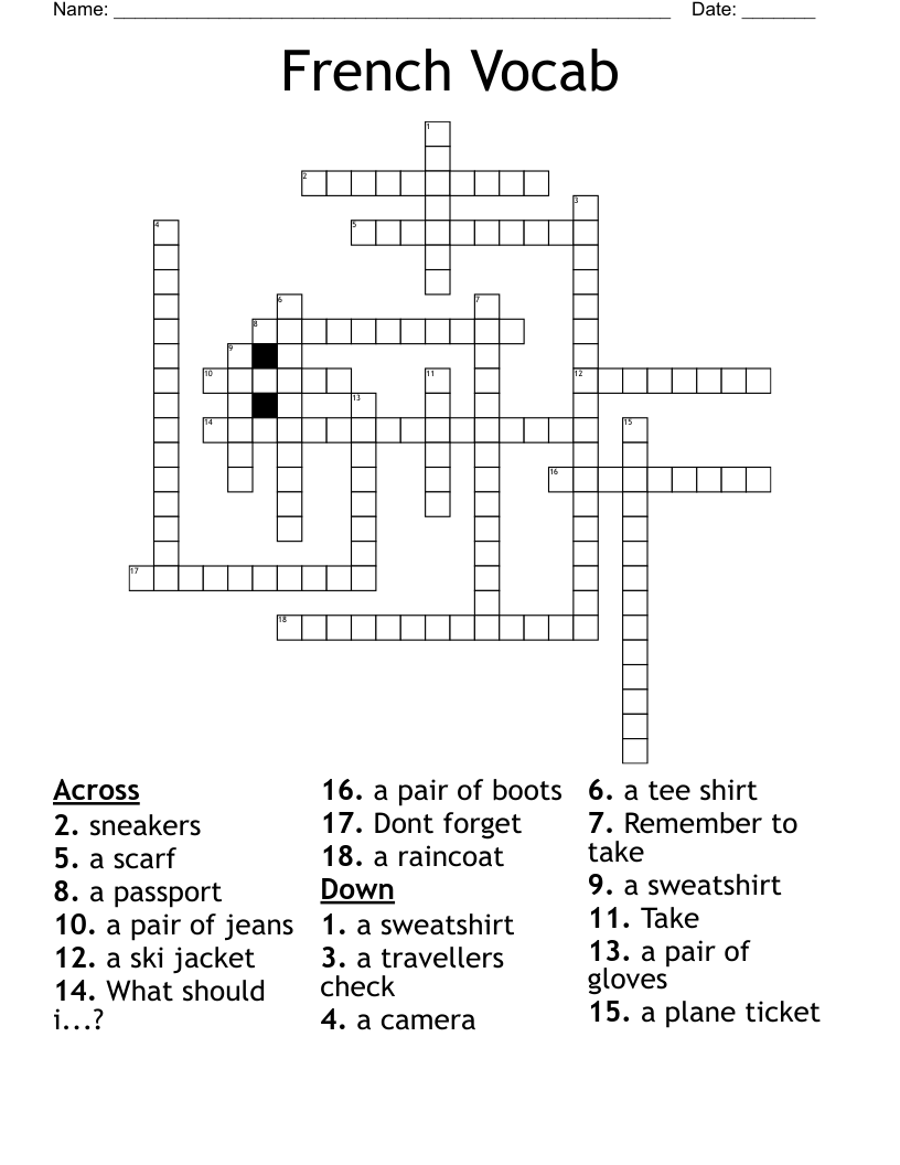 French Vocab Crossword