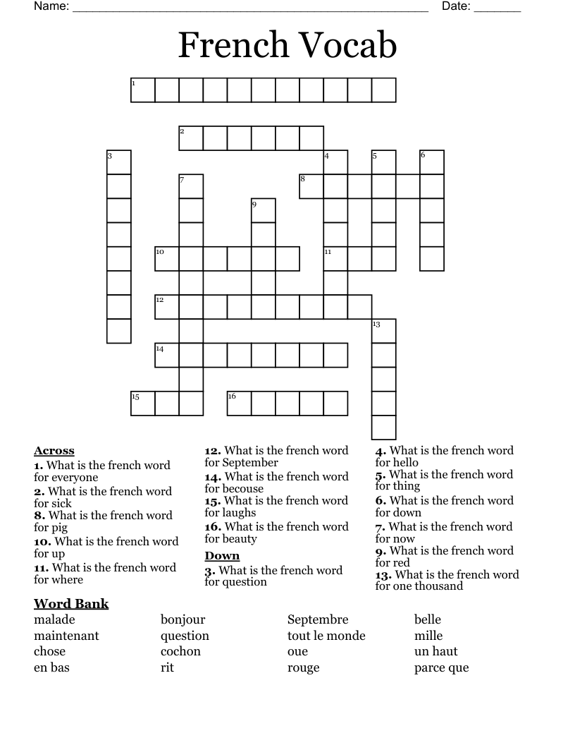 French Vocab Crossword
