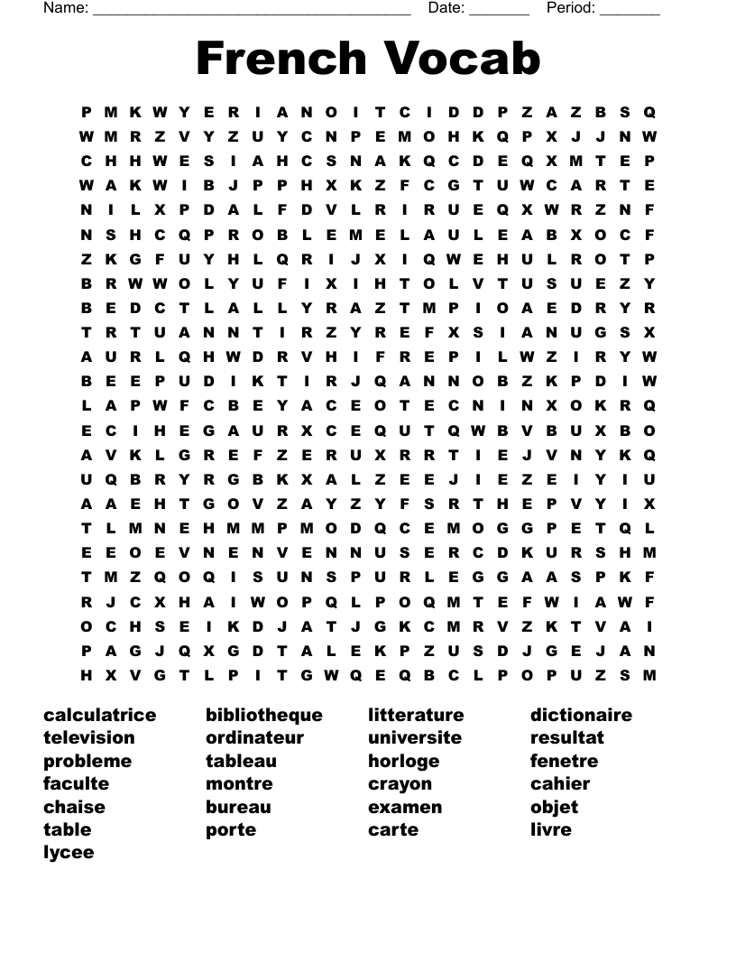 French Vocab Word Search