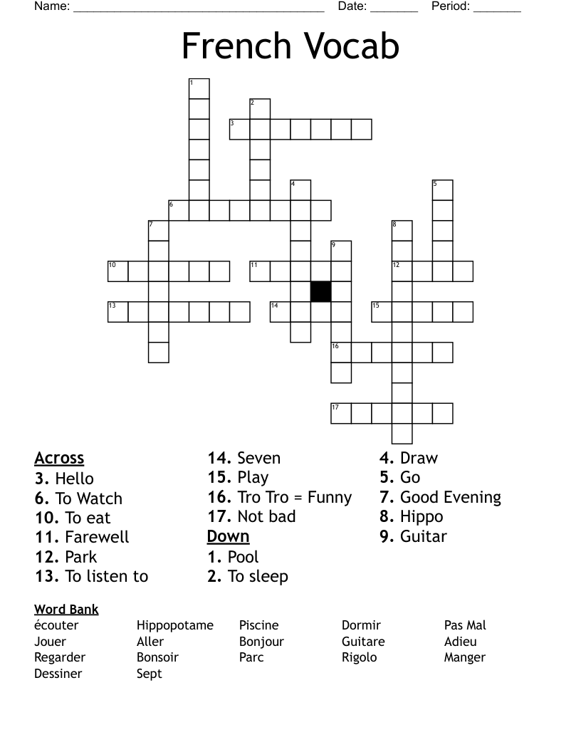 French Vocab Crossword