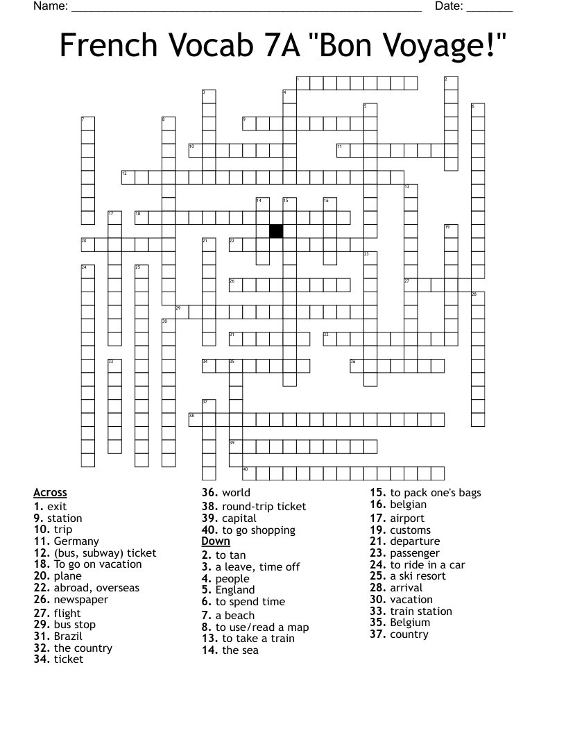French Vocab 7A "Bon Voyage!" Crossword