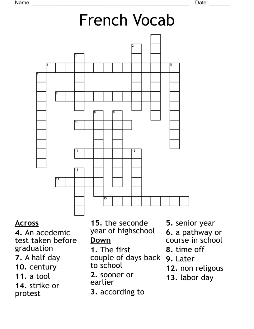 French Vocab Crossword