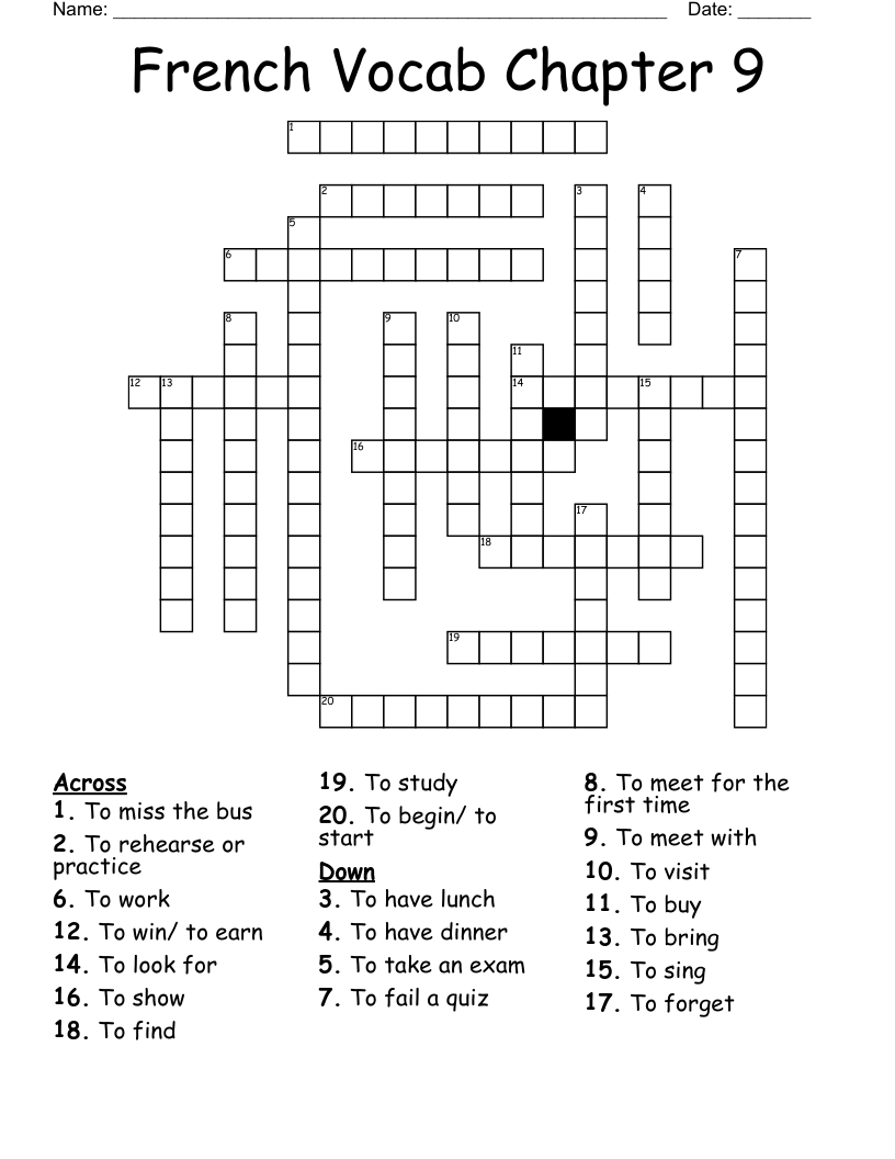 French Vocab Chapter 9  Crossword