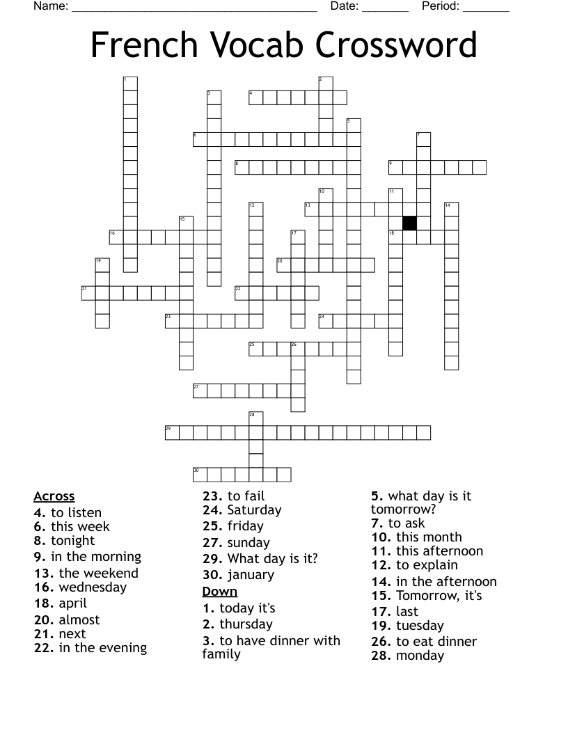 French Vocab Crossword