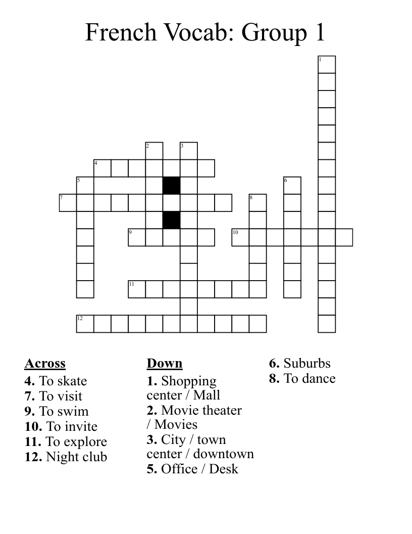 French Vocab: Group 1 Crossword