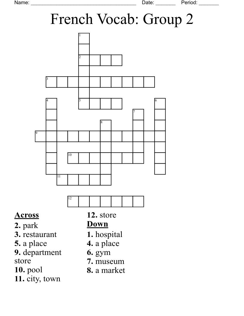 French Vocab: Group 2 Crossword