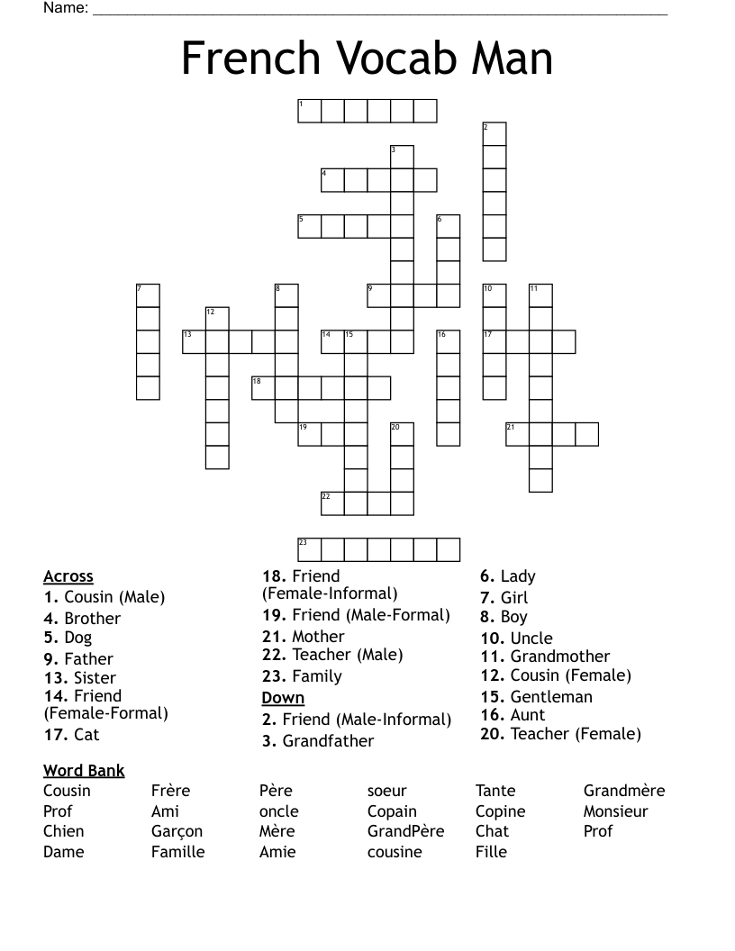 French Vocab Man Crossword