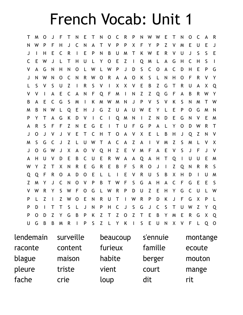 French Vocab: Unit 1 Word Search