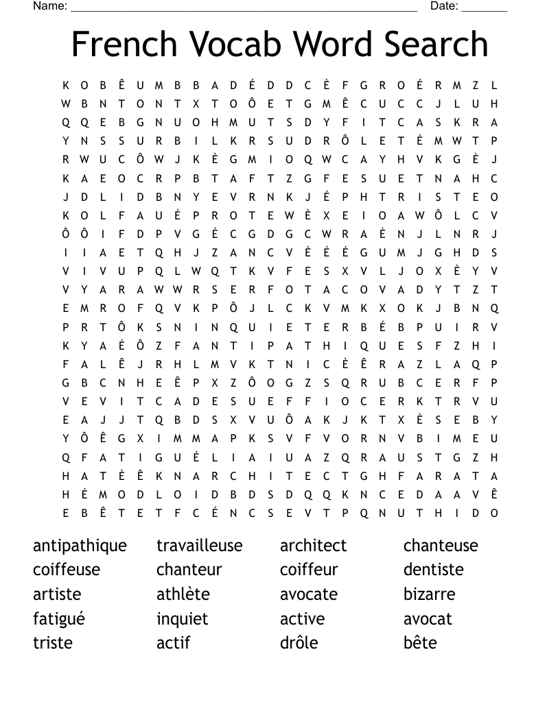 French Vocab Word Search
