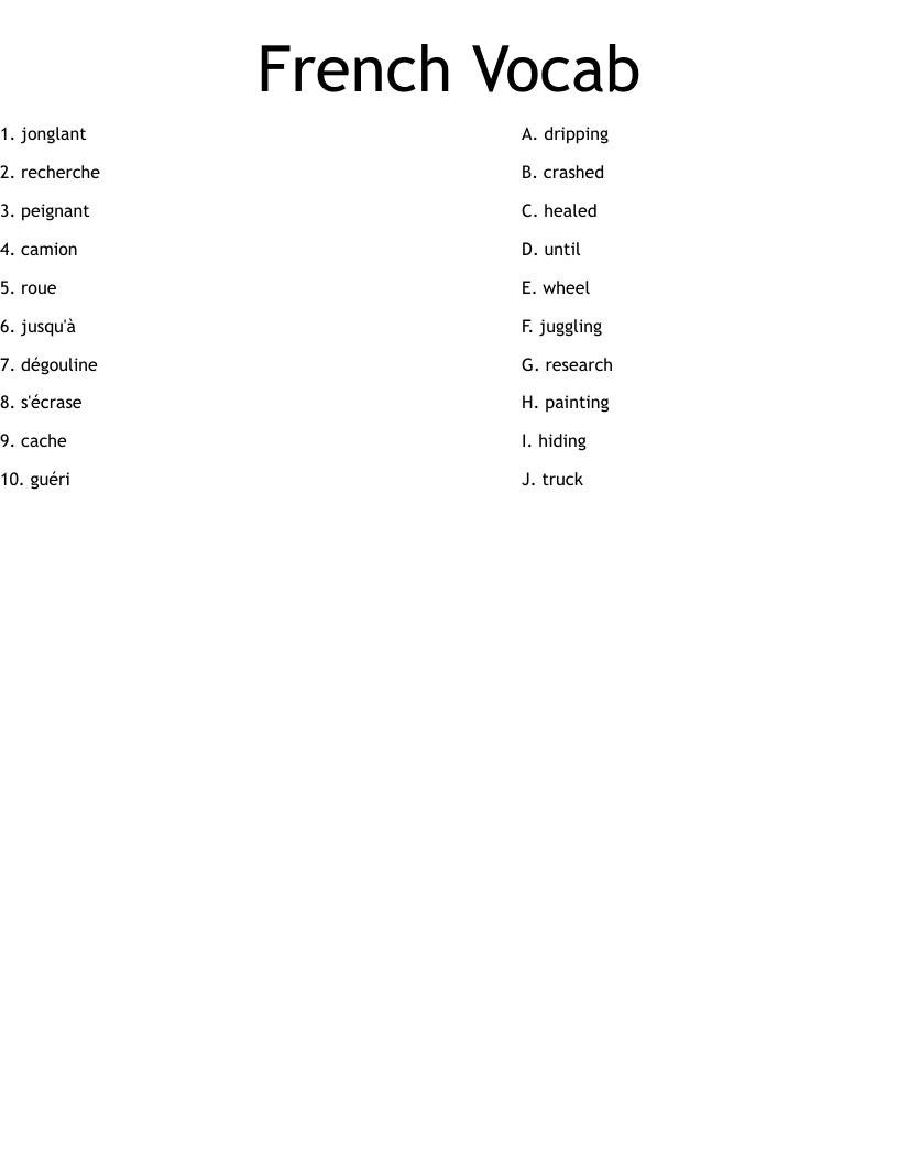 French Vocab  Worksheet
