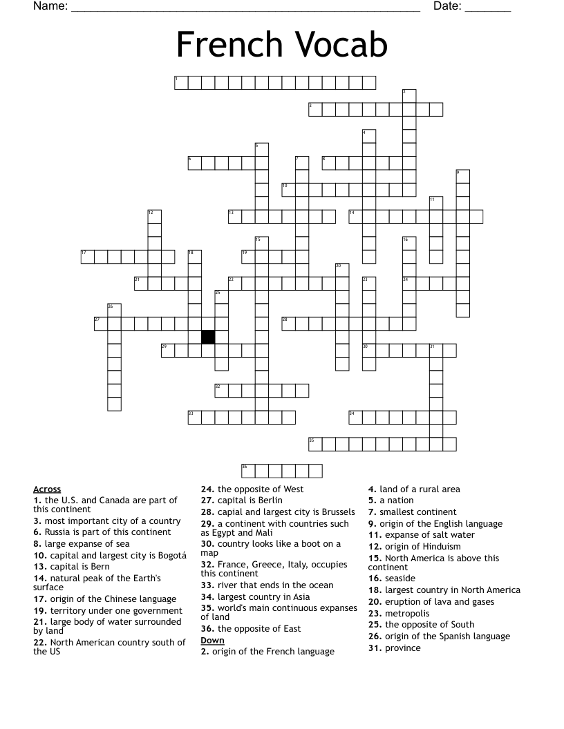 French Vocab  Crossword