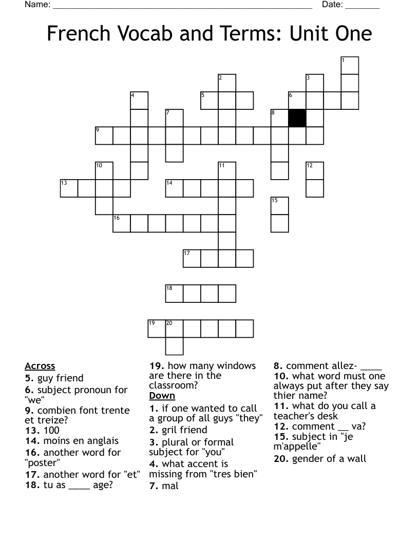 French Vocab and Terms: Unit One  Crossword