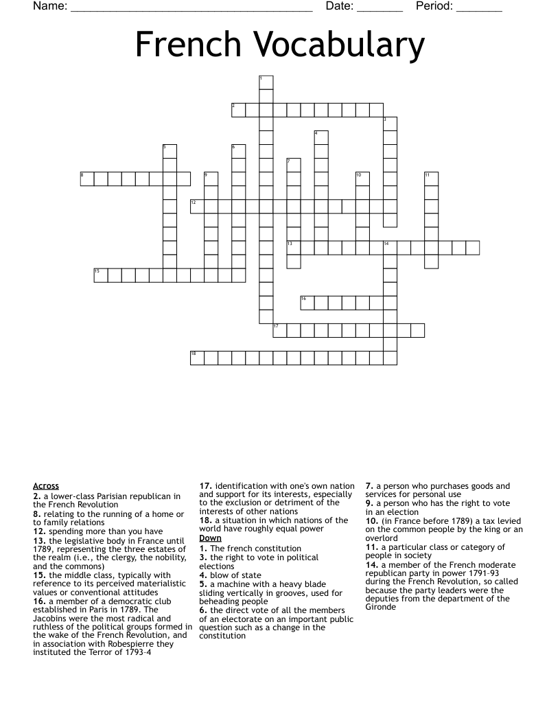 French Vocabulary Crossword