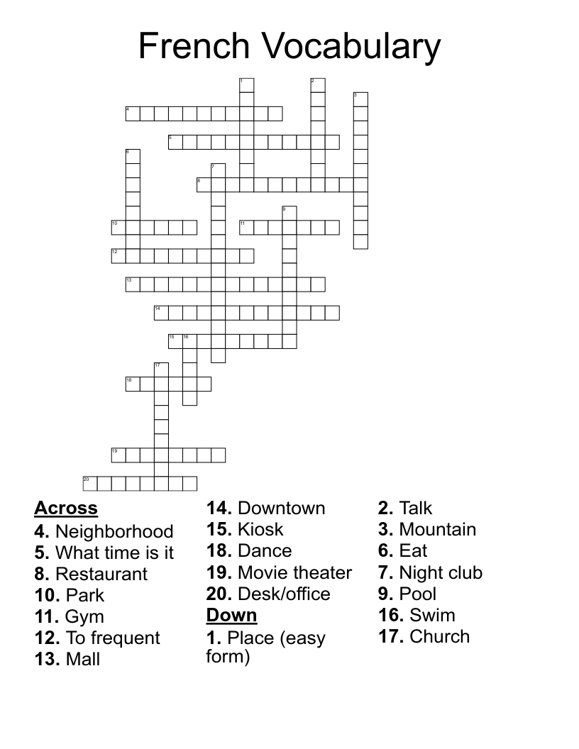 French Vocabulary Crossword