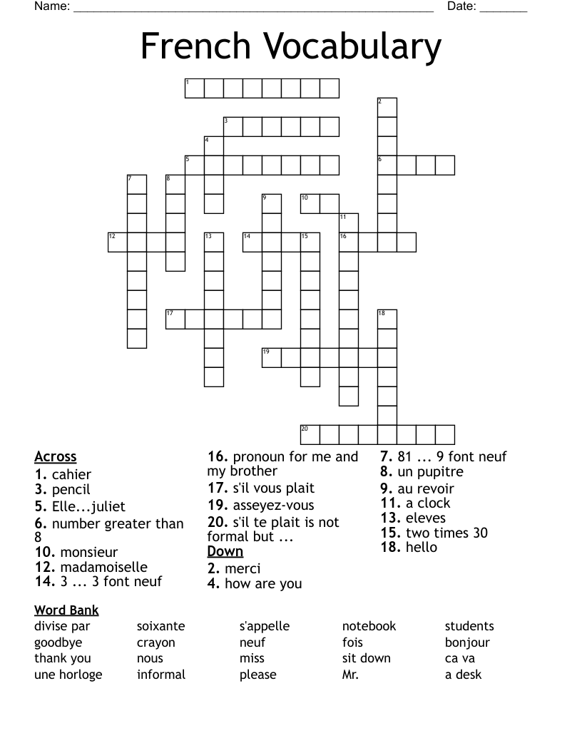 French Vocabulary Crossword