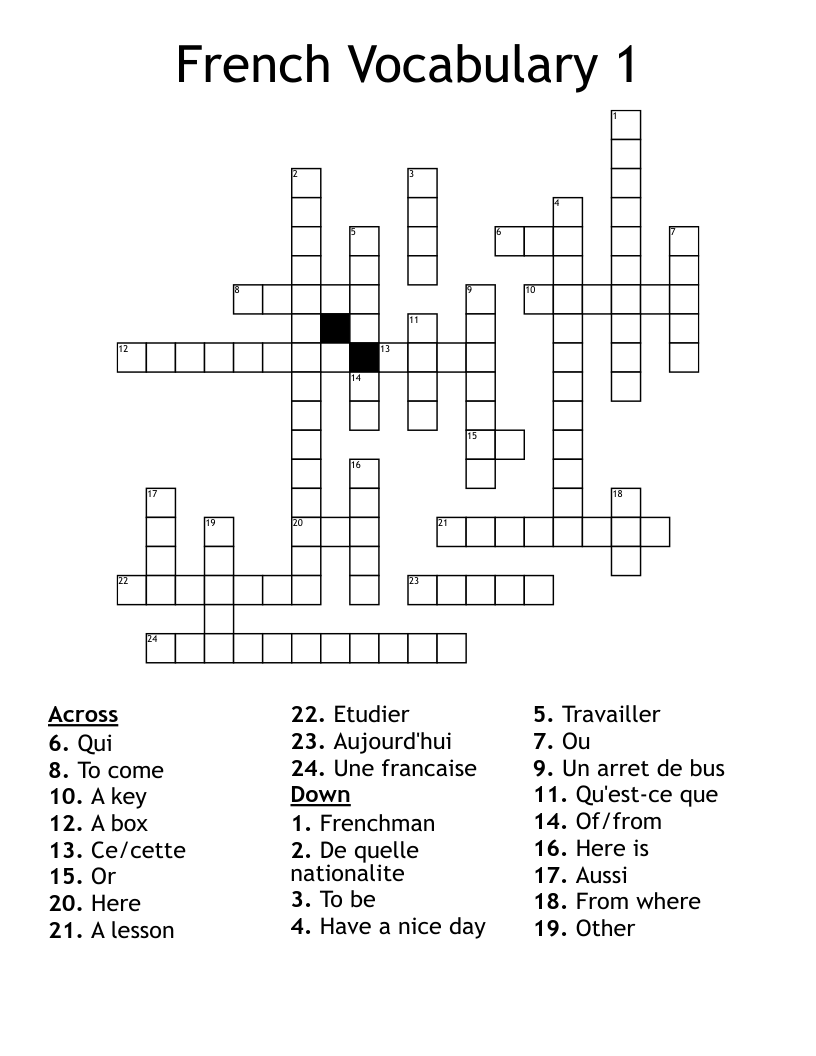 French Vocabulary 1 Crossword