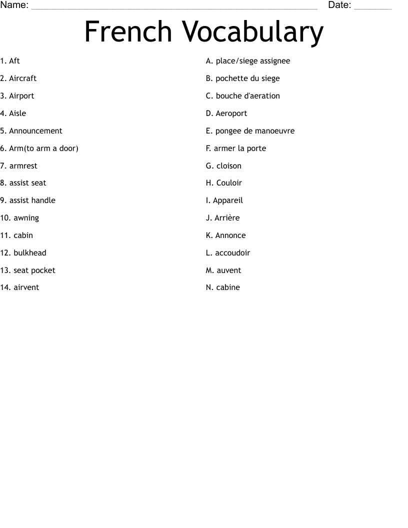 French Vocabulary Worksheet